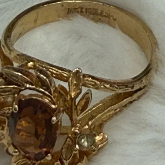 Vintage Floral Smoky Topaz Rhinestone Ring Gold Tone 18K HGE - Picture 3 of 15